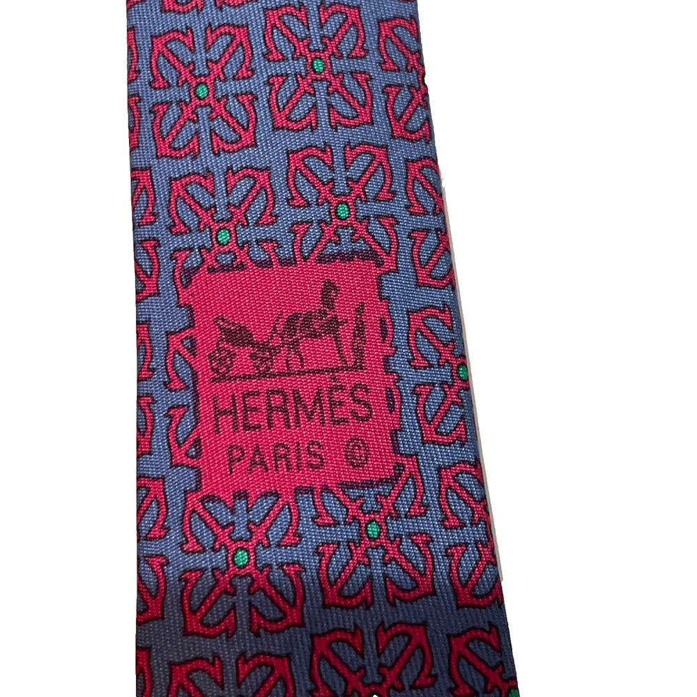 Hermes Tie Blue Silk Twill Chain Link Pattern Geometric Made in France - Picture 15 of 16